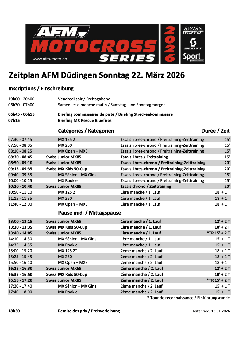 Horaire Swiss Moto Düdingen / Guin dimanche 22 mars 2026